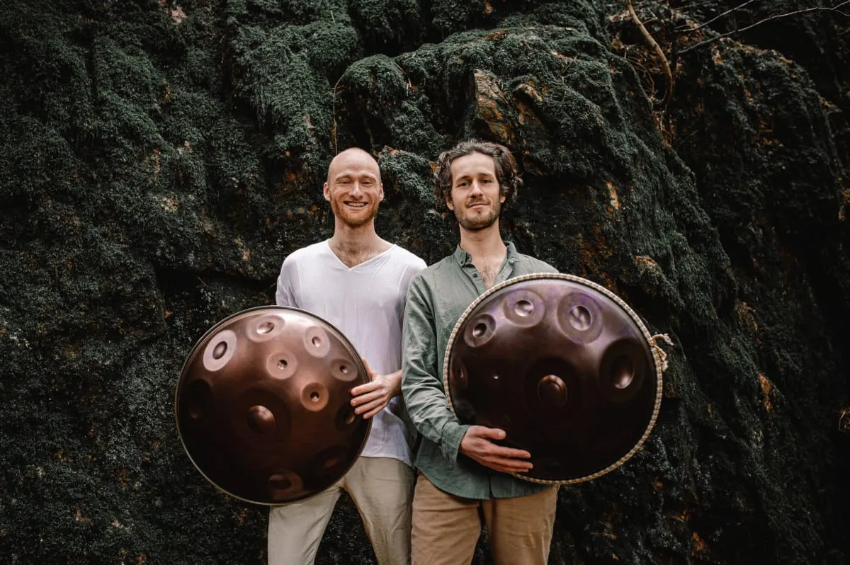 Malte Marten and Alex (business partner) holding handpans, photo